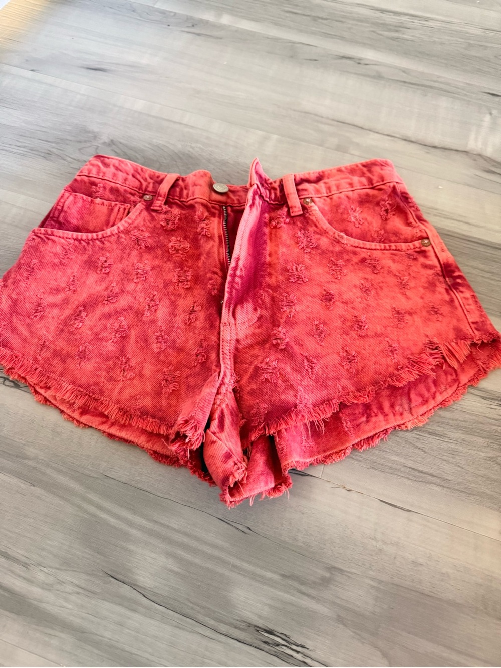 We The Free Red Distressed Denim Shorts